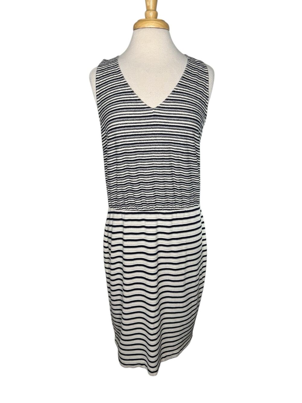 THREE DOTS Multi Stripe Terry Knit Sleeveless Dress Size XL Navy Blue Ivory Soft